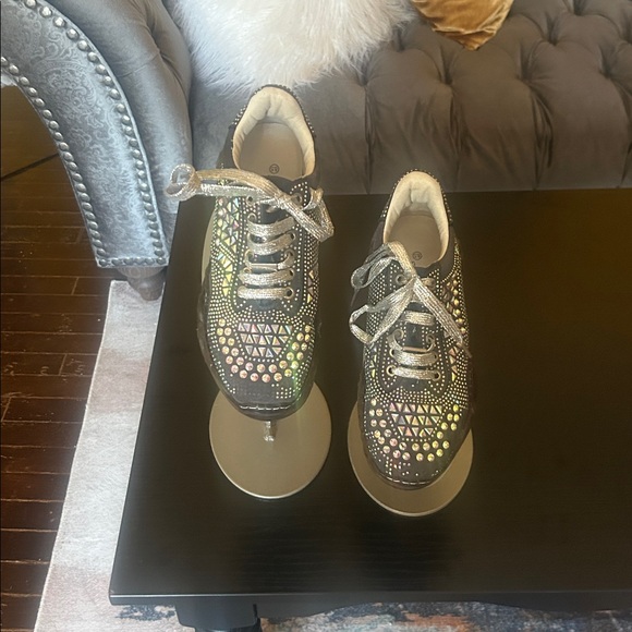 Stylish Dark Grey and Silver Women's Bedazzled Sneakers - Picture 7 of 11